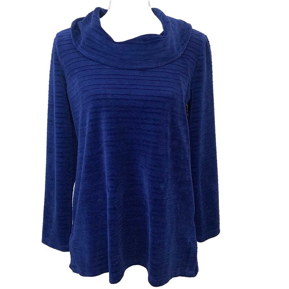 Talbots Ribbed Cowl Neck Long Sleeve Pullover Top Womens Medium Petite Blue